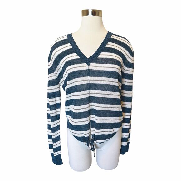 Veronica Beard V Neck Striped Sweater Linen Blend Tie Front Sz M - Picture 1 of 5